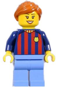 Soccer Fan Minifigure - Female FC Barcelona soccer fan with medium blue legs - soc146