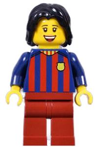Soccer Fan Minifigure - Female FC Barcelona soccer fan with dark red legs - soc147