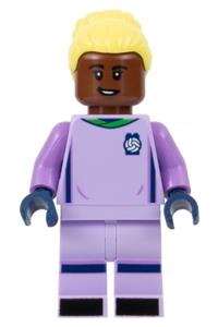 Soccer Goalie Minifigure - Soccer goalie female with brightly light yellow hair, wearing lavender uniform and reddish brown skin - soc154
