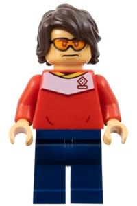 Soccer Spectator Minifigure - Soccer spectator with red soccer jersey, dark blue legs, dark brown hair, and orange glasses - soc161