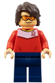 Soccer spectator with red soccer jersey, dark blue legs, dark brown hair, and orange glasses - soc161