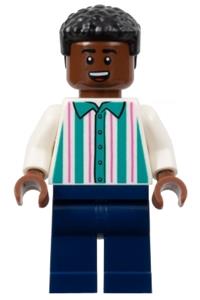 Soccer Spectator Minifigure - Soccer Spectator wearing a white shirt with dark turquoise and dark pink stripes, dark blue legs, and black hair at a soccer match - soc162