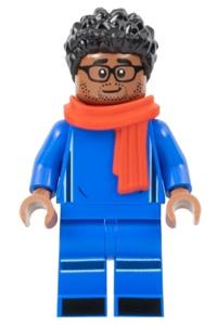 Soccer Spectator Minifigure - Soccer spectator with black hair wearing a blue soccer uniform, a red scarf, and glasses - soc163
