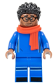 Soccer spectator with black hair wearing a blue soccer uniform, a red scarf, and glasses - soc163