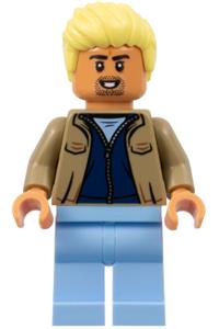 Soccer Spectator Minifigure - Soccer spectator with layered dark tan and dark blue jackets, bright light blue legs, and bright light yellow spiked hair swept up - soc164