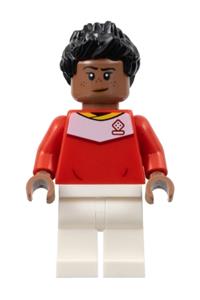 Soccer Spectator Minifigure - Soccer spectator with red soccer jersey, white legs, and black spiky hair - soc165