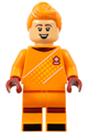 Minifigure wearing an orange goalie uniform with orange hair - soc166