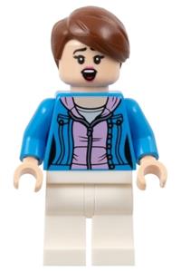 Soccer Spectator Minifigure - Minifigure wearing a dark azure jacket over a bright pink shirt with white legs and reddish brown hair - soc167