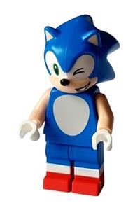 Sonic the Hedgehog Minifigure - Sonic the Hedgehog with light nougat face and arms, winking and smiling with an open mouth to the left - son001