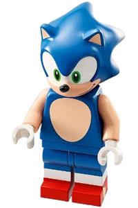 Sonic the Hedgehog Minifigure - Sonic the Hedgehog minifigure with light nougat face and arms, featuring a grin to the left - son004