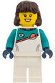 Female astronaut with dark brown hair wearing a white spacesuit with dark turquoise panels and sleeves - sp149