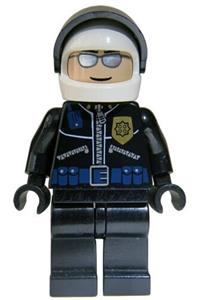 Highway Patrolman Minifigure - Highway Patrolman with black shirt and badge and radio, black legs and white helmet - spd003