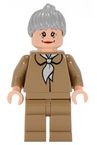 Aunt May Minifigure - Aunt May with dark tan blouse, dark tan legs, light bluish gray ponytail hair - spd024