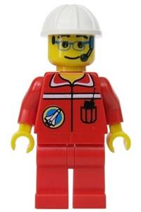 Ground Control Minifigure - Minifigure at the space port with ground control wearing a white construction helmet - spp009