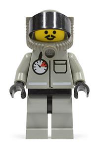 Firefighter Minifigure - Firefighter with white fire helmet, air gauge and pocket, breathing hose, white air tanks, light gray legs, black hips - spp010