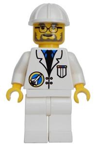 Scientist Minifigure - Scientist (Flex Combo) in a space port with a white construction helmet and white legs - spp014