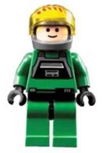 Rebel Pilot A-wing Minifigure - Rebel Pilot A-wing with light nougat head, trans-yellow visor, green flight suit - sw0031b