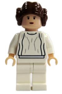 Princess Leia Minifigure - Light nougat Princess Leia with small eyes wearing a white dress - sw0175