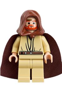 Obi-Wan Kenobi Minifigure - Young Obi-Wan Kenobi in light nougat with a reddish brown hood and cape, wearing a gold headset - sw0234