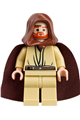 Young Obi-Wan Kenobi in light nougat with a reddish brown hood and cape, wearing a gold headset - sw0234