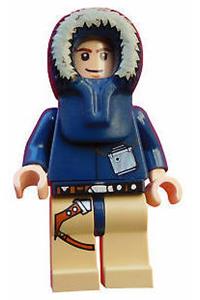 Han Solo Minifigure - Han Solo wearing a Parka Hood in Light Nougat color with Tan Legs and a Holster - sw0253