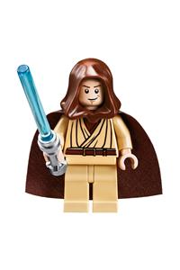 Obi-Wan Kenobi Minifigure - Young Obi-Wan Kenobi with a hood and cape, tan legs, and a smiling expression - sw0329