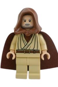 Obi-Wan Kenobi Minifigure - Old Obi-Wan Kenobi with light nougat skin, wearing reddish brown hood and cape with white glints - sw0336