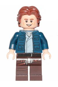 Han Solo Minifigure - Han Solo with dark brown legs and holster pattern, wearing a wavy hair, dark blue jacket and a smile/frown expression - sw1021