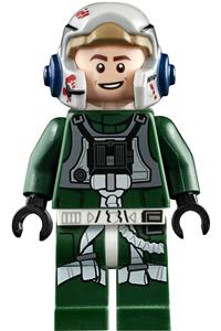 Rebel Pilot A-wing Minifigure - Arvel Crynyd, Rebel Pilot A-wing with open helmet wearing a dark green jumpsuit, expressing a smile or scared look - sw1092