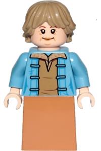Aunt Beru Whitesun Lars Minifigure - Aunt Beru Whitesun Lars with tan torso and head, dark orange ponytail hair, sand blue legs - sw1208