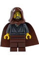 Jedi Bob wearing a dark bluish gray tunic, with a reddish brown hood and cape - sw1379