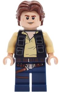 Han Solo Minifigure - Han Solo wearing a black vest with pockets over a tan shirt with dark bluish gray creases and dark blue legs with belts - sw1457