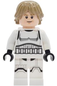 Luke Skywalker Minifigure - Luke Skywalker - Stormtrooper Outfit, Printed Legs, Dark Tan Hair, Smile with Crease '/ Frown - sw1460