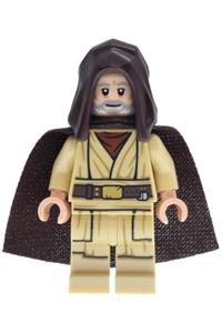 Obi-Wan Kenobi Minifigure - Old Obi-Wan Kenobi wearing a dark brown hood and spongy cape - sw1467