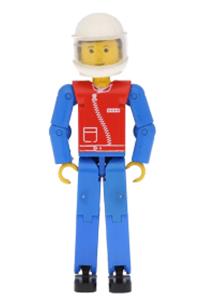 Technic Figure Blue Legs - Technic figure with black hair, wearing a red top with a zipper, blue arms, blue legs, and a white helmet - tech011