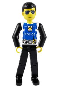 Technic Figure Black Legs - Technic figure with black legs, white top featuring a police logo, and black arms - tech019