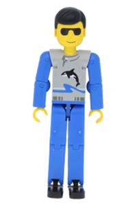 Technic Figure Male - Technic figure with blue legs, light gray top with fish pattern, and blue arms - tech021