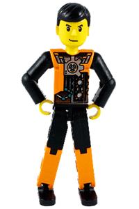 Technic Figure Orange/Black Legs - Technic figure with orange/black legs, orange torso with silver pattern, black arms, and black hair - tech027
