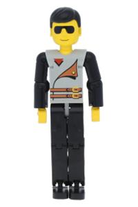 Technic Figure Black Legs - Technic figure with black legs, light gray top with 2 brown belts, black arms, and black helmet - tech030