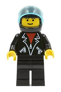 Male with Leather Jacket Minifigure - Male figure with black legs, wearing a black helmet with a trans-light blue visor and a leather jacket with zippers - tel002