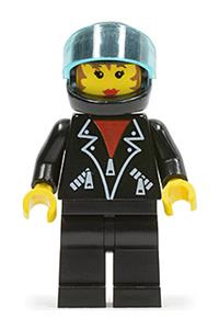 Female with Leather Jacket - Female minifigure with black legs, wearing a black helmet with a trans-light blue visor and a leather jacket with zippers - tel003