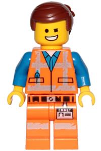 Emmet Minifigure - Emmet with a wink smile or scared expression, wearing a worn uniform - tlm120
