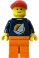 Male minifigure at the LEGO Brand Store in Indianapolis, holding a surfboard on an ocean backdrop - tls006