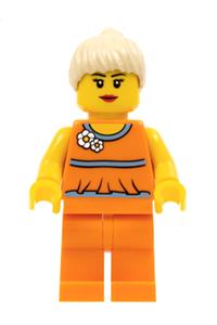 Lego Brand Store Female Minifigure - Female minifigure representing a Lego Brand Store, wearing an orange halter top - tls057