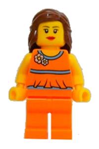 Lego Brand Store Female Sunrise - Female minifigure representing a Lego Brand Store wearing an orange halter top with a sunrise pattern - tls059