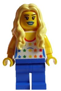 Lego Brand Store Female, Shirt with Rainbow Stars, Long Wavy Hair tls080