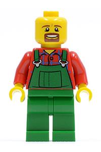 Lego Brand Store Farmer  Minifigure - Male minifigure from the LEGO Brand Store wearing farmer green overalls, with a brown moustache and goatee, and no headgear - tls082