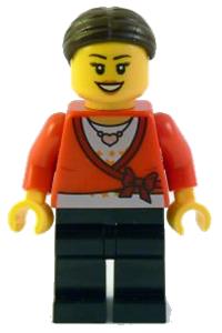 Lego Brand Store Female Minifigure - Lego Brand Store Female, Sweater Cropped with Bow, Heart Necklace, Black Legs, Dark Brown Hair with Bun - tls088