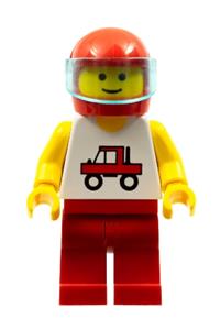Biker with Truck Shirt Minifigure - Trucker with red legs wearing a red helmet and a trans-light blue visor - trc005