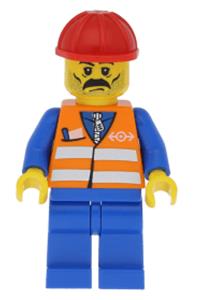 Orange Vest with Safety Stripes - Blue Legs, Moustache, Red Construction Helmet trn001